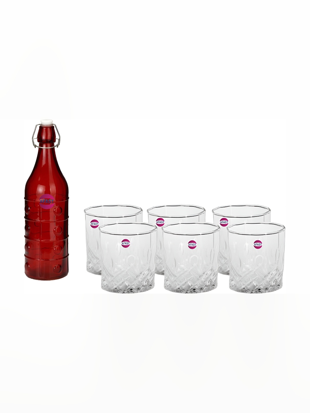 

Afast Red & Transparent 7 Pieces Textured Water Bottle With Glasses Set