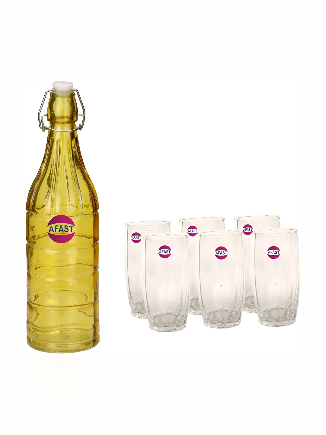 

Afast Yellow & Transparent 7 Pcs Glass Water Or Juice Glasses With Water Bottle