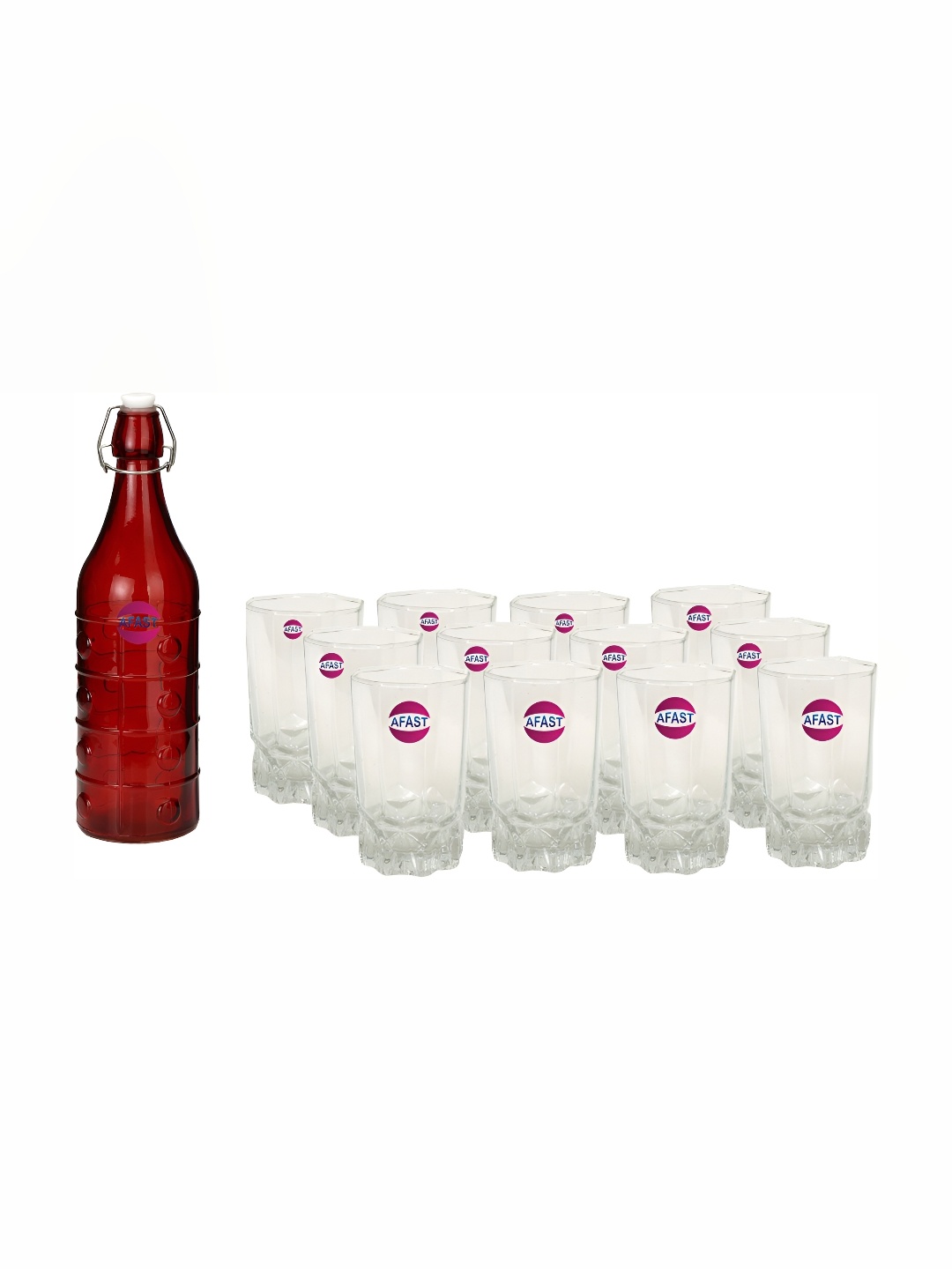 

Afast Red & Transparent 13 Pcs Glass Water Or Juice Glasses With Water Bottle