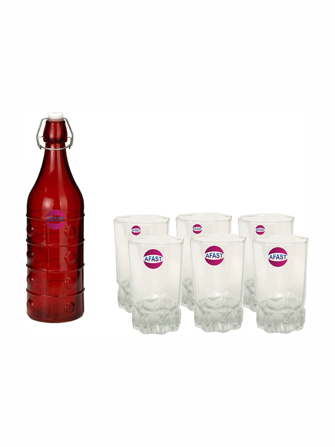 

Afast Red & Transparent 7 Pcs Glass Water Or Juice Glasses With Water Bottle