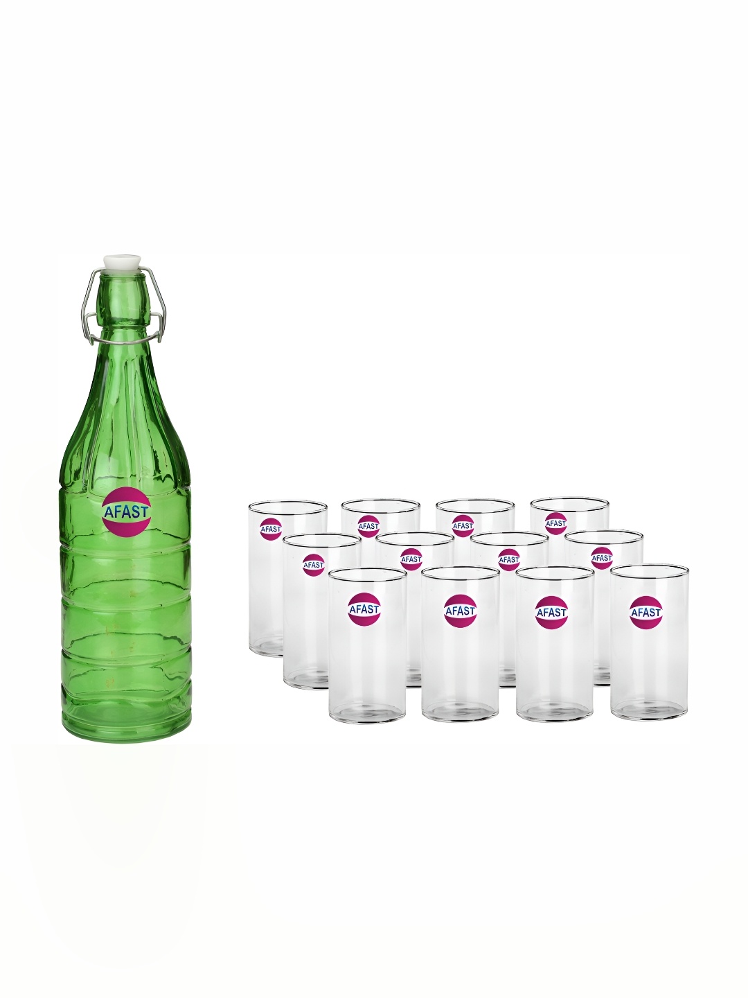 

Afast Green & Transparent 13Pcs Glass Water Or Juice Glasses With Water Bottle