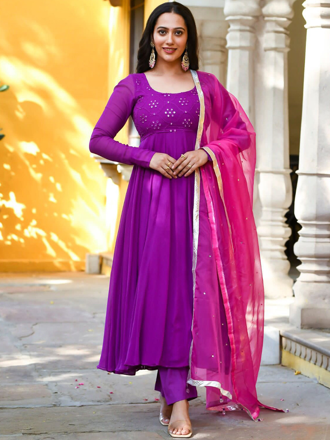 

BLACK SCISSOR Ethnic Motifs Embroidered Mirror Work Fit & Flare Ethnic Dress With Dupatta, Purple
