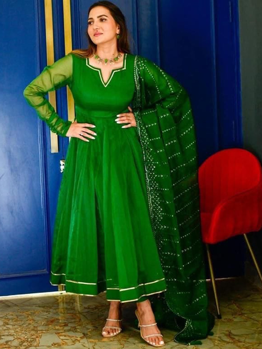 

BLACK SCISSOR Square Neck Silk Fit & Flare Ethnic Dress With Dupatta, Green