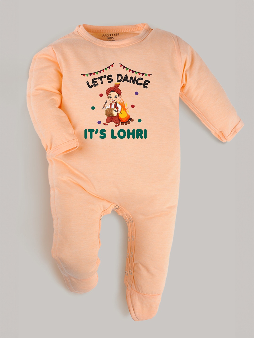 

FflirtyGo Infants Lets Dance It's Lohri Printed Pure Cotton Sleepsuit, Peach