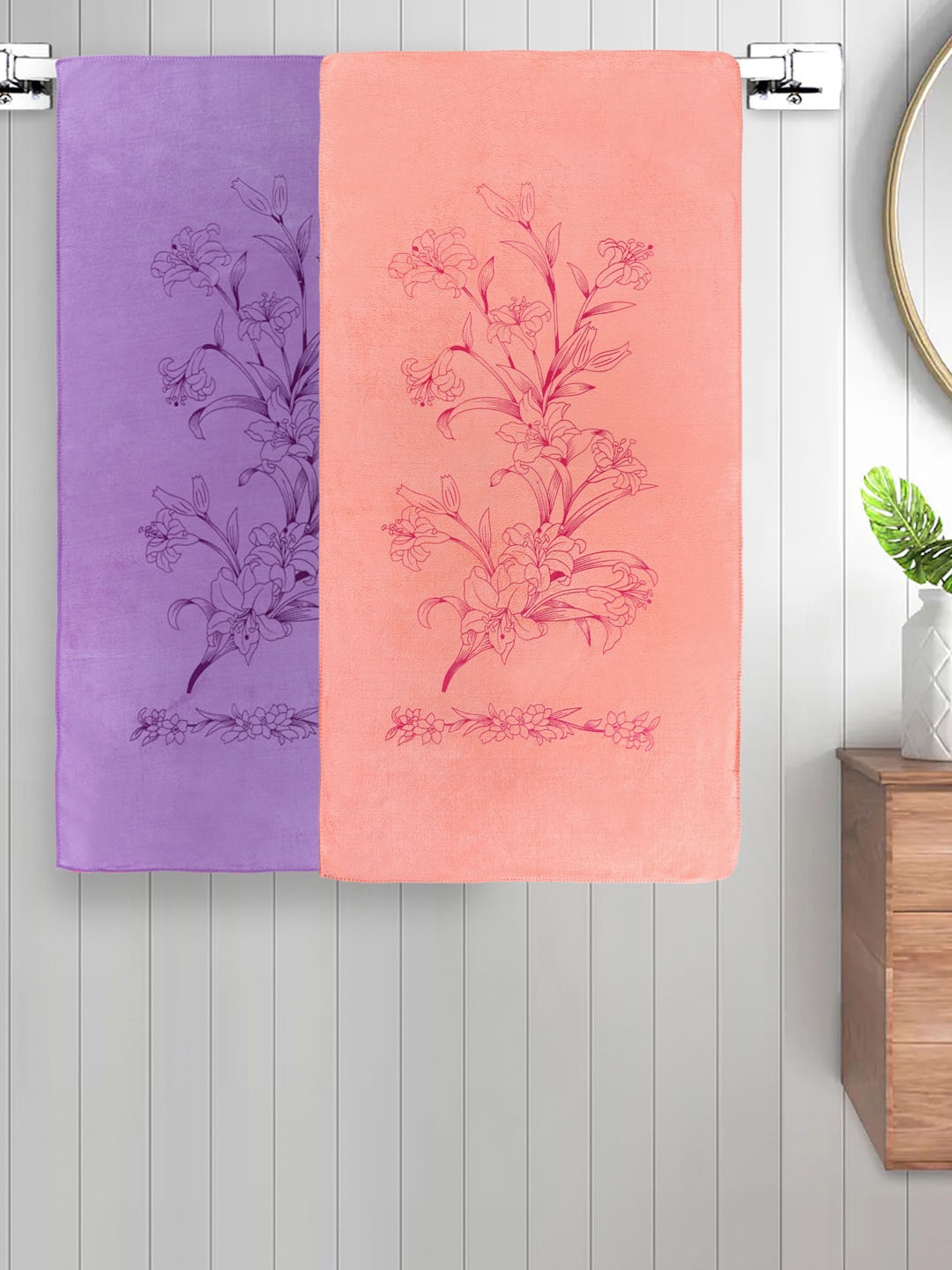 

FABINALIV Kids 2 Pcs Purple & Peach-Coloured Floral 300 GSM Cotton Bath Towels