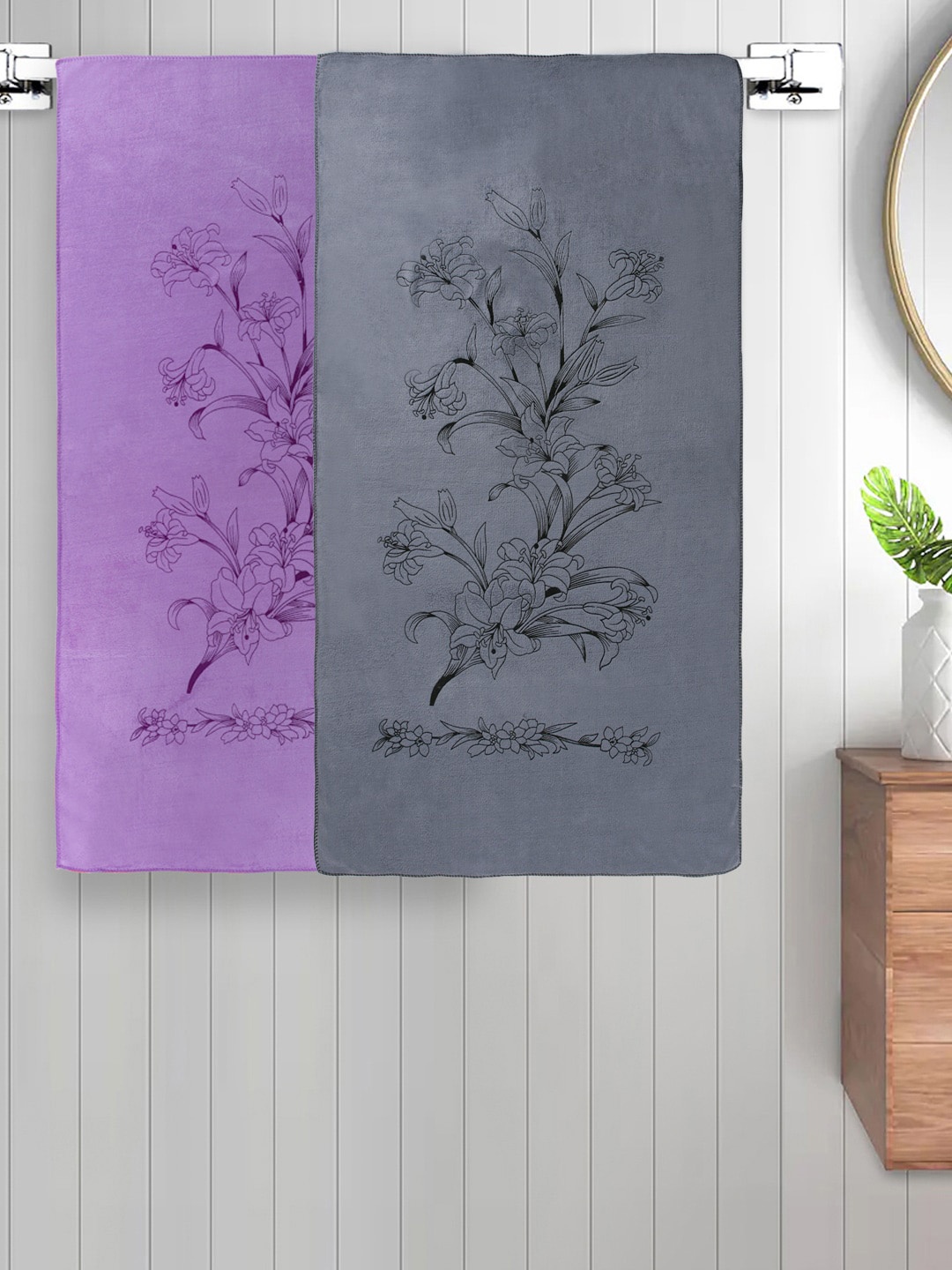 

FABINALIV Kids 2 Pcs Purple & Grey Floral 300 GSM Cotton Bath Towels