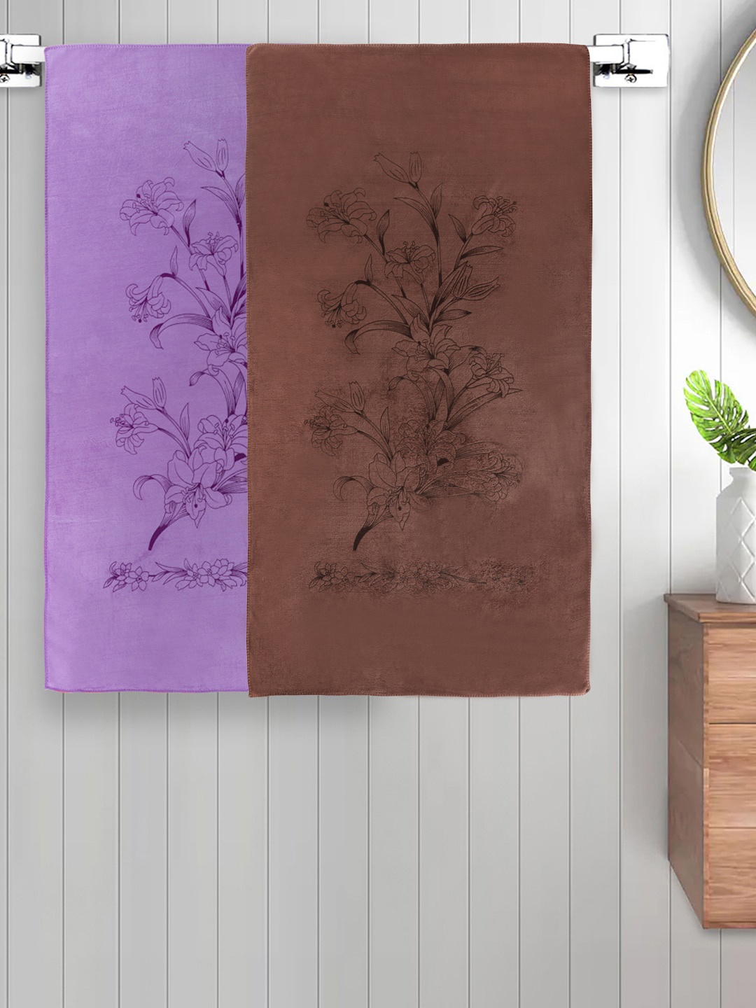 FABINALIV 2 Pieces Brown & Lavender Floral Cotton 300 GSM Kids Bath Towels