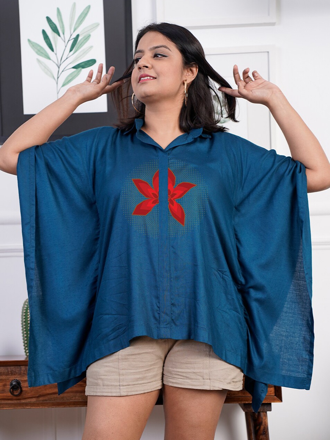 

LetsDressUp Floral Printed Shirt Collar Kimono Sleeve Kaftan Top, Teal