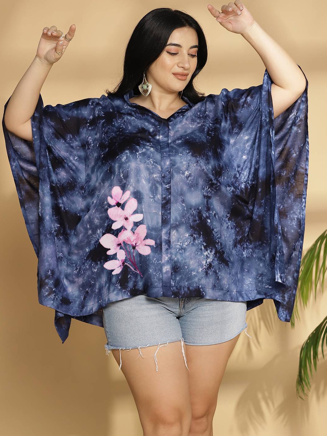 

LetsDressUp Tie and Dyed Shirt Collar Kimono Sleeve Kaftan Top, Navy blue