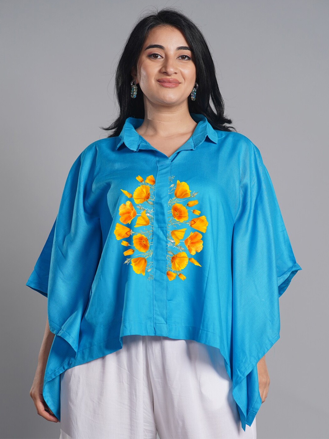 

LetsDressUp Floral Printed Shirt Collar Kimono Sleeve Kaftan Top, Turquoise blue