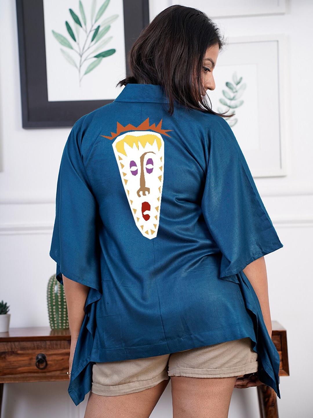 

LetsDressUp Graphic Printed Shirt Collar Kimono Sleeve Kaftan Top, Teal