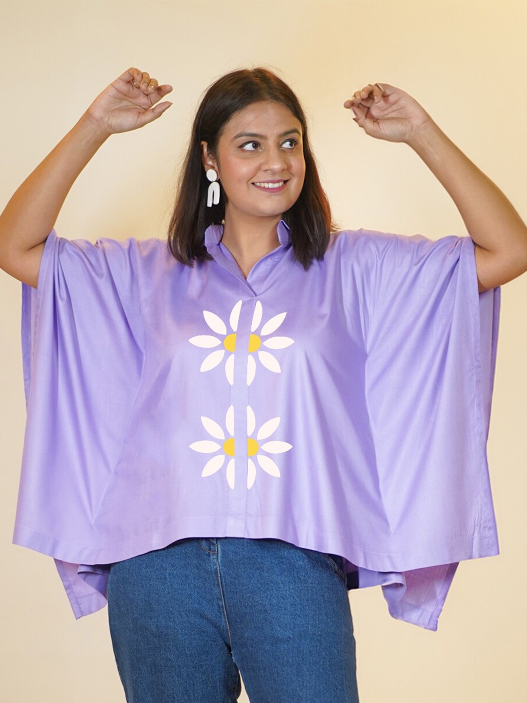 

LetsDressUp Floral Printed Shirt Collar Kimono Sleeve Kaftan Top, Lavender