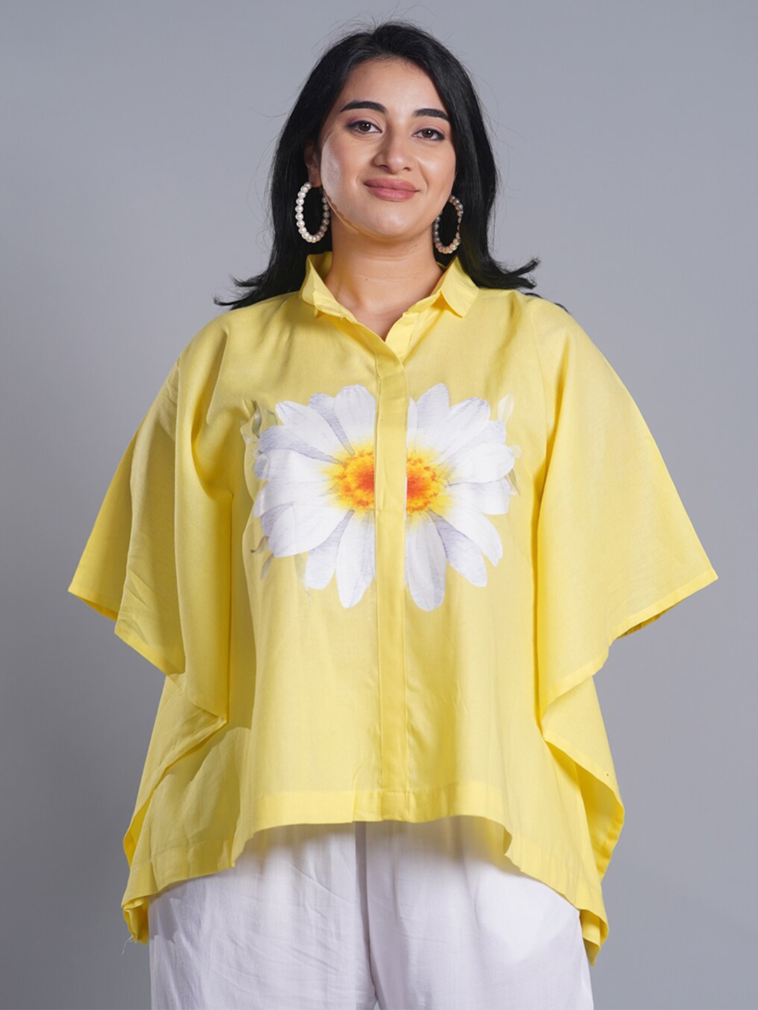 

LetsDressUp Floral Printed Shirt Collar Kimono Sleeve Kaftan Top, Yellow