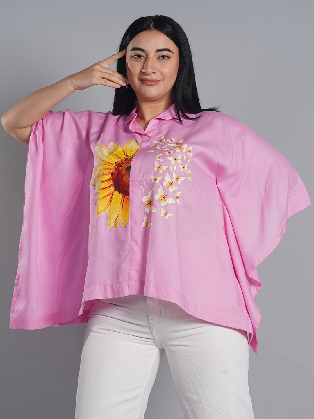 

LetsDressUp Floral Printed Shirt Collar Kimono Sleeve Kaftan Top, Pink