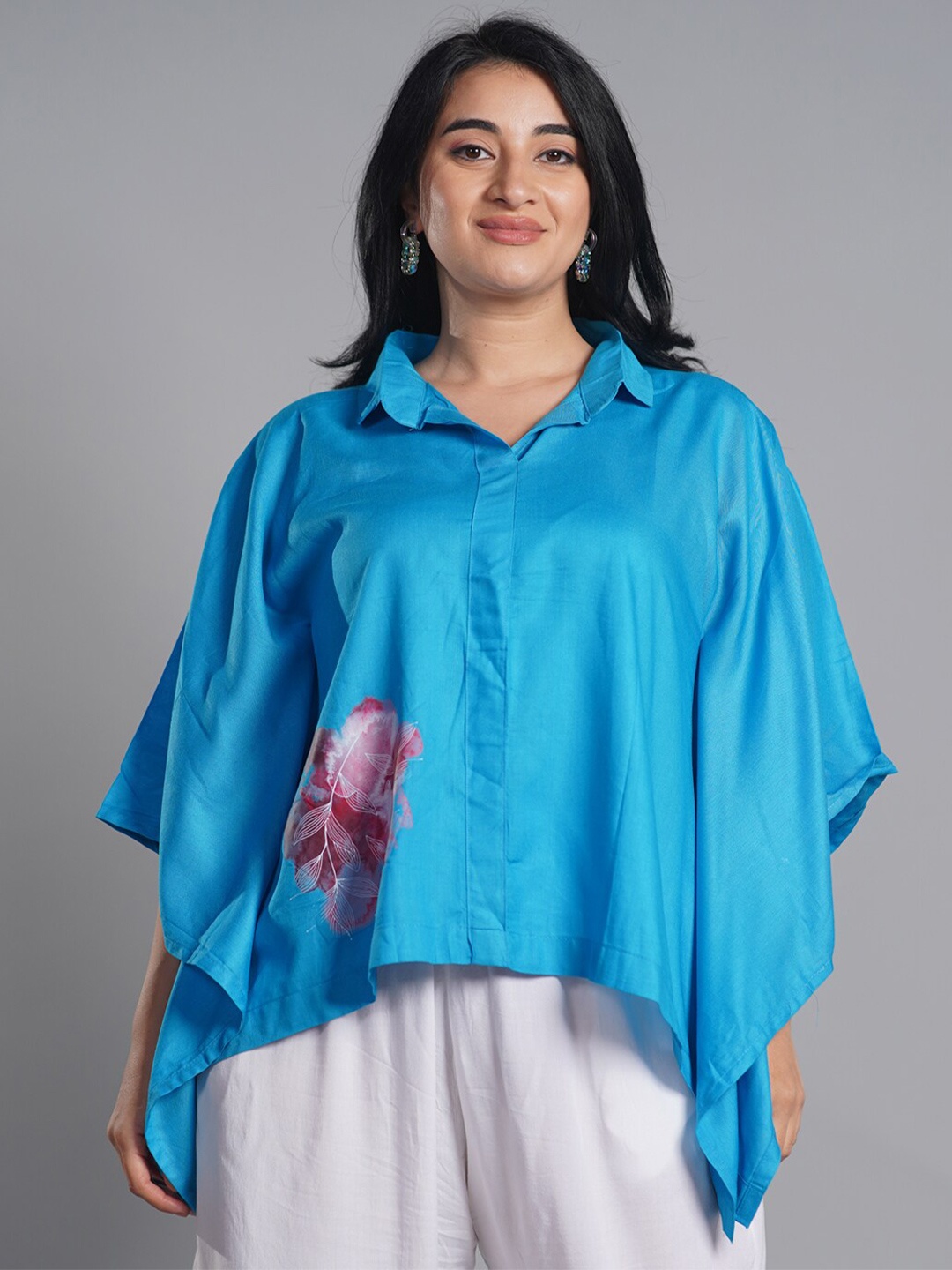 

LetsDressUp Shirt Collar Floral Print Kimono Sleeves Kaftan Top, Turquoise blue