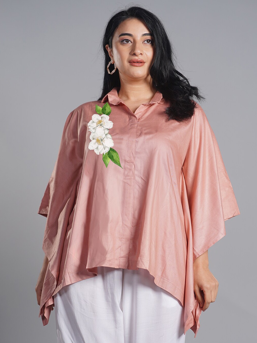 

LetsDressUp Floral Printed Kimono Sleeves Cotton Shirt Style Top, Rose