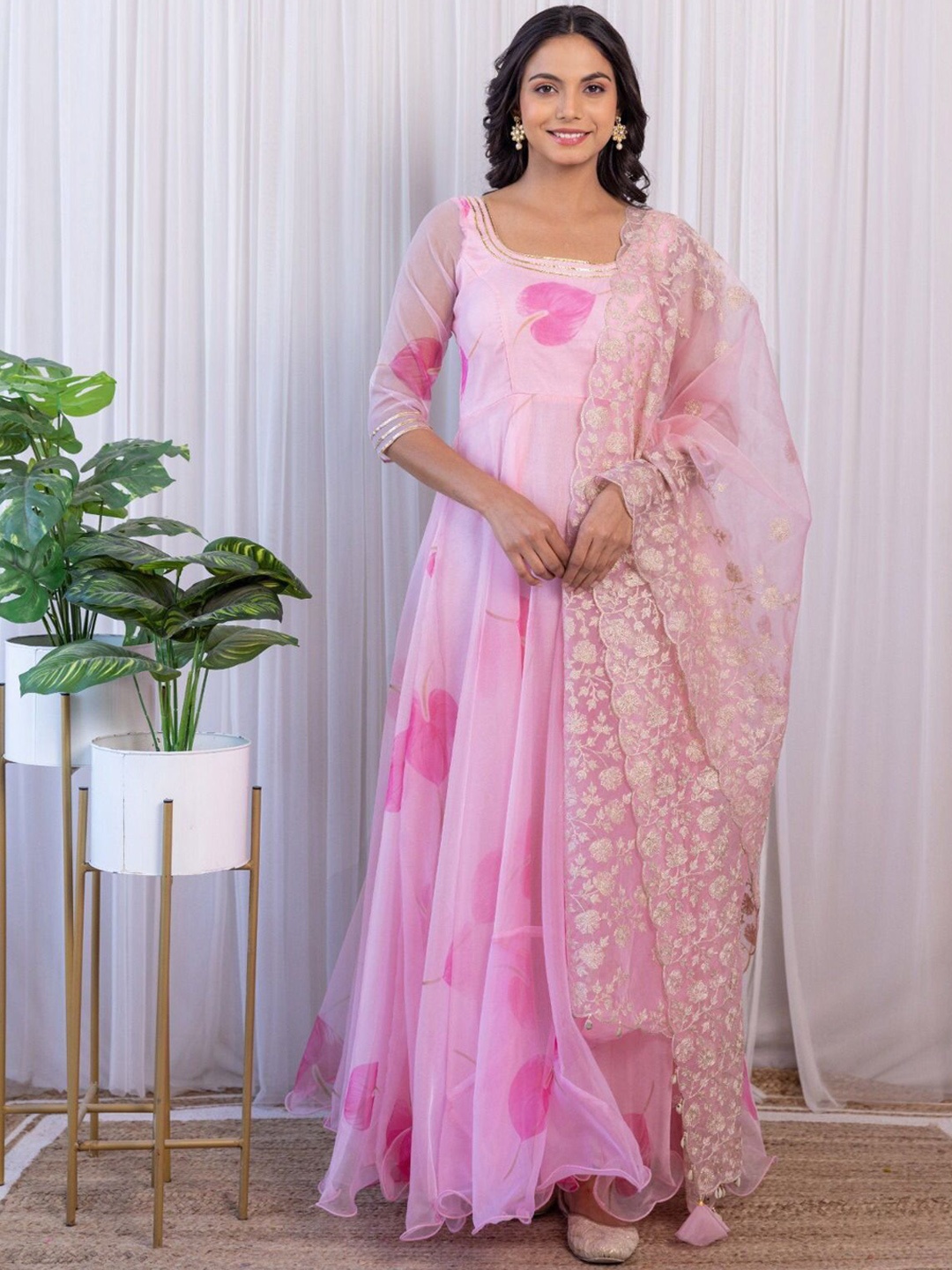

KALINI Floral Printed Maxi-Length Fit And Flare Ethnic Dress With Dupatta, Pink