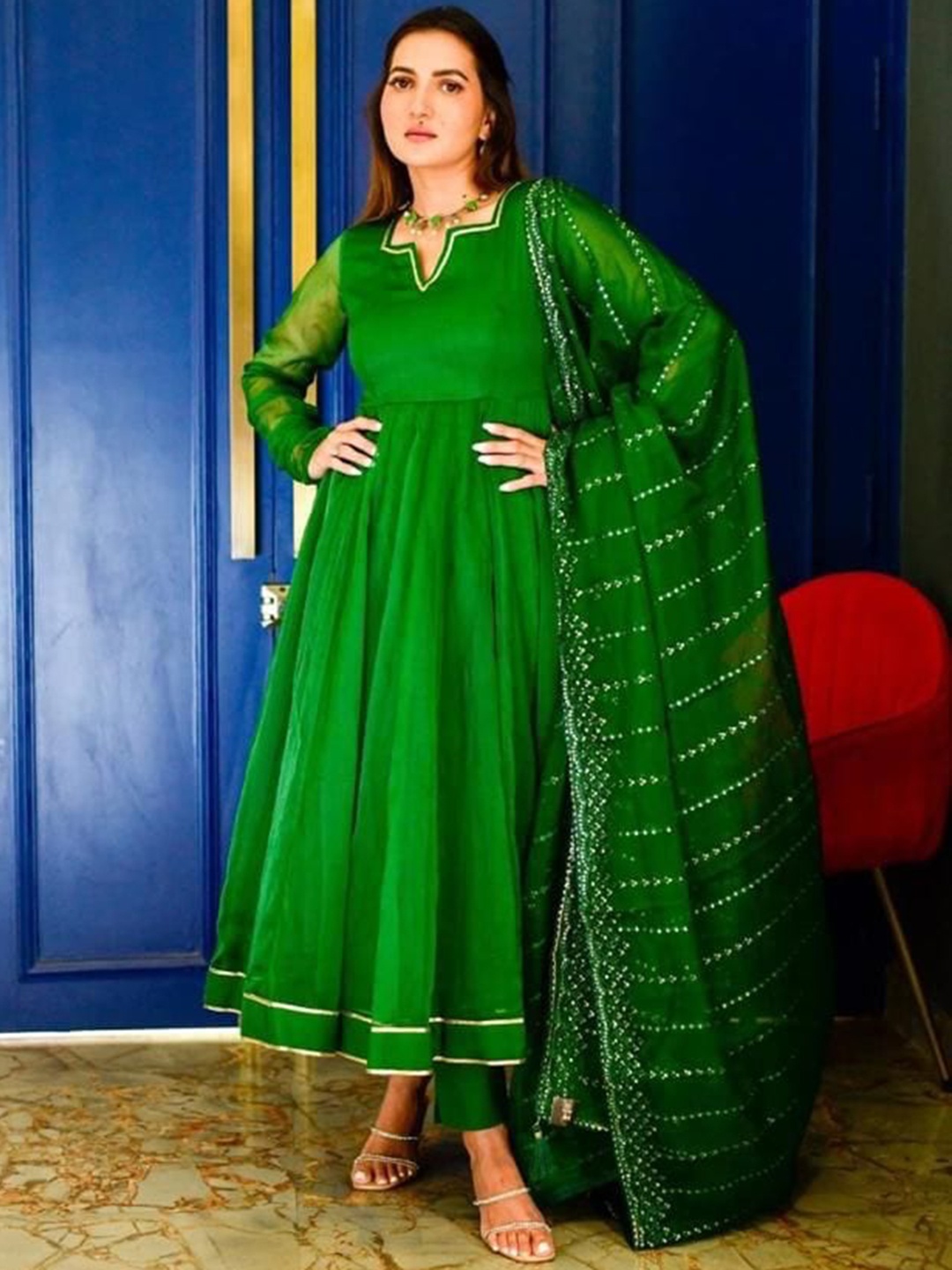 

KALINI Square Full Sleeves Gotta Patti Silk Anarkali Kurta with Dupatta, Green
