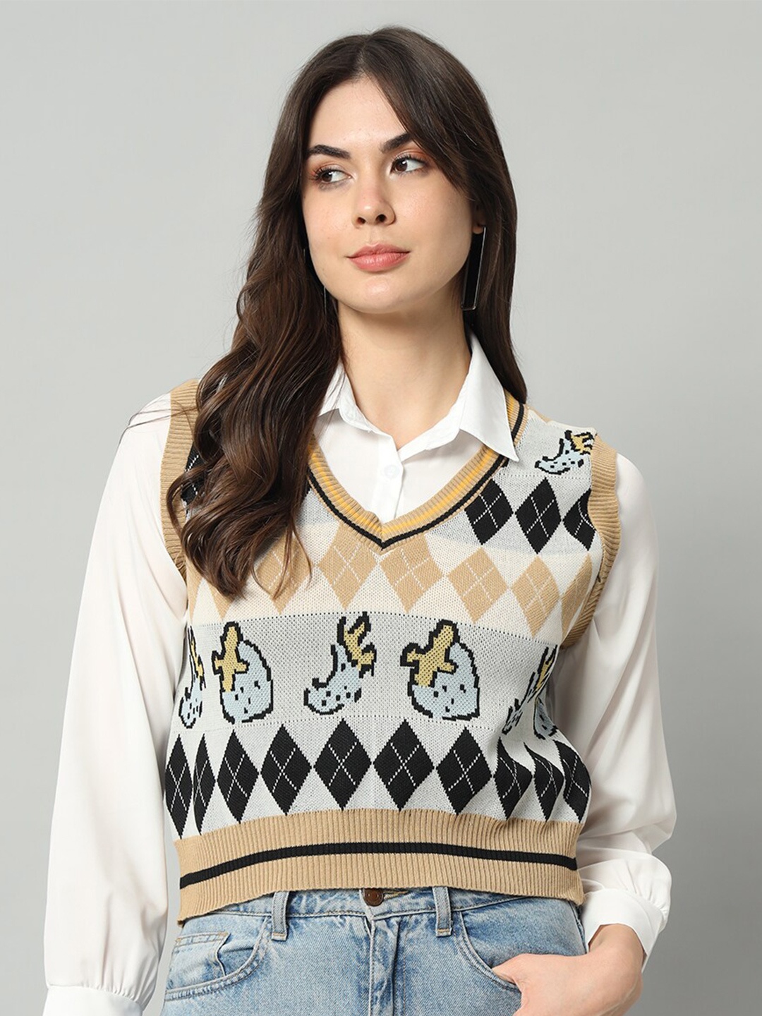 

BROOWL Geometric Printed Woollen Sweater Vest, Grey