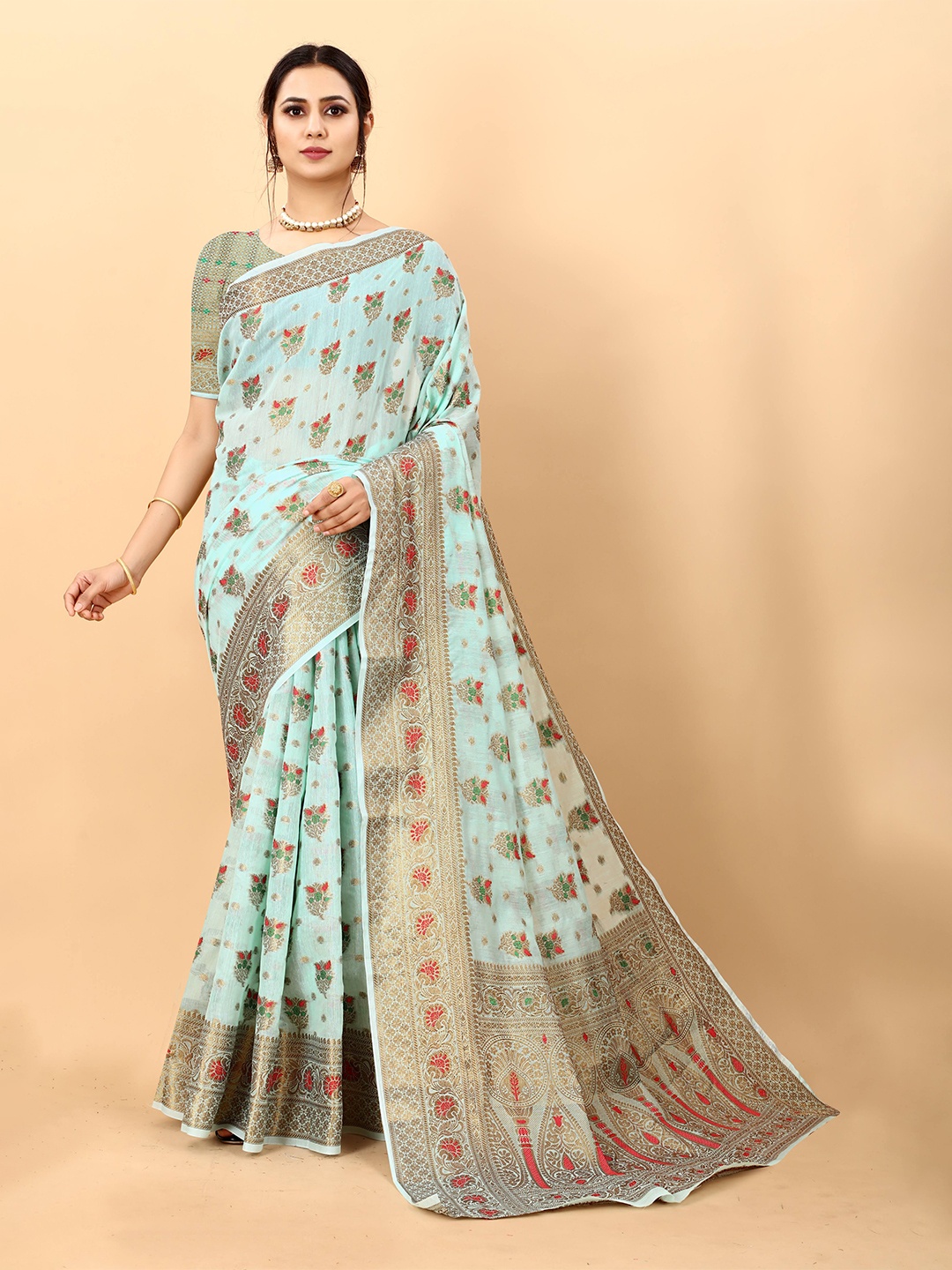 

NIWAA Floral Woven Design Organza Silk Banarasi Saree, Blue