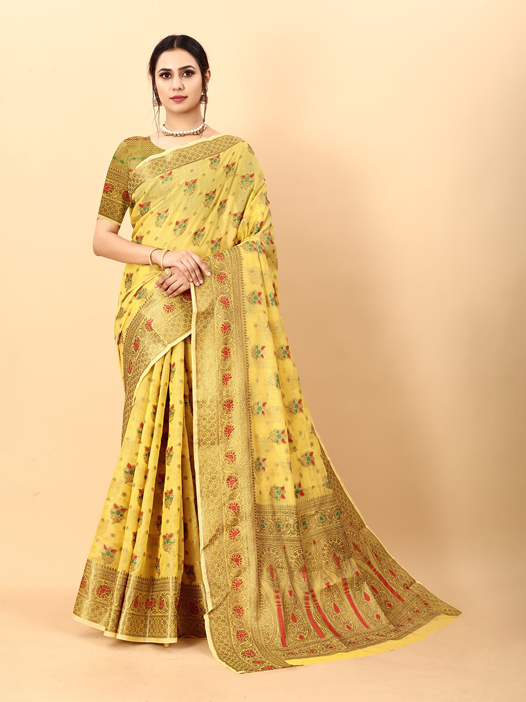 

NIWAA Floral Woven Design Organza Banarasi Saree, Yellow