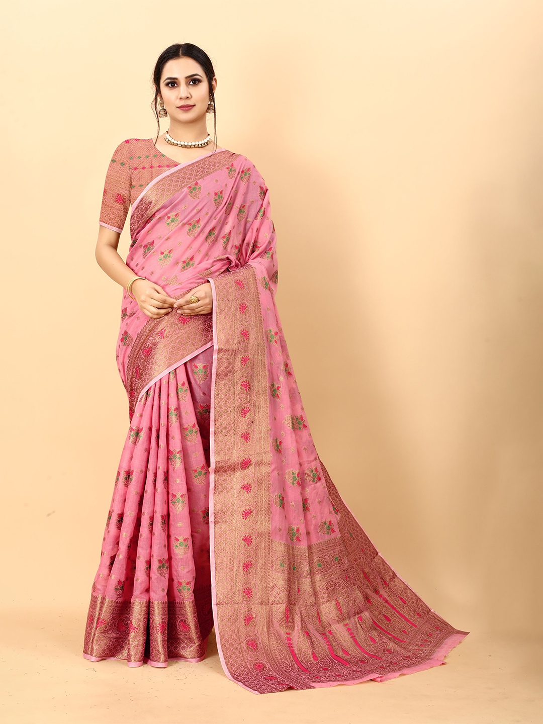 

NIWAA Floral Woven Design Organza Silk Banarasi Saree, Pink