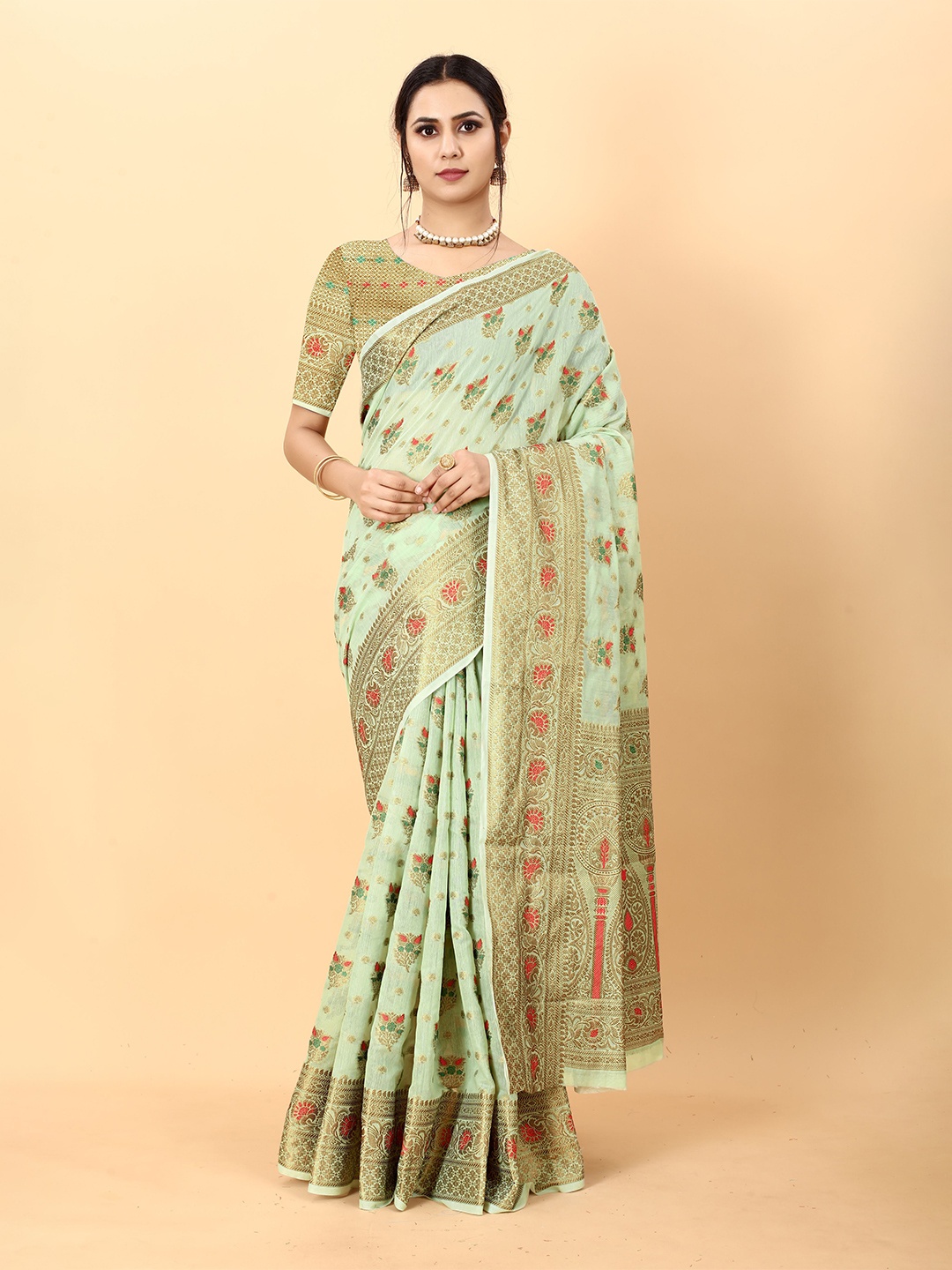 

NIWAA Floral Woven Design Organza Silk Banarasi Saree, Green