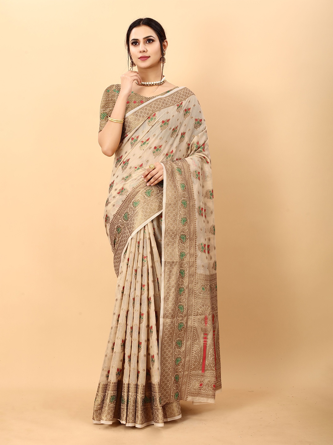 

NIWAA Floral Woven Design Organza Silk Banarasi Saree, Beige