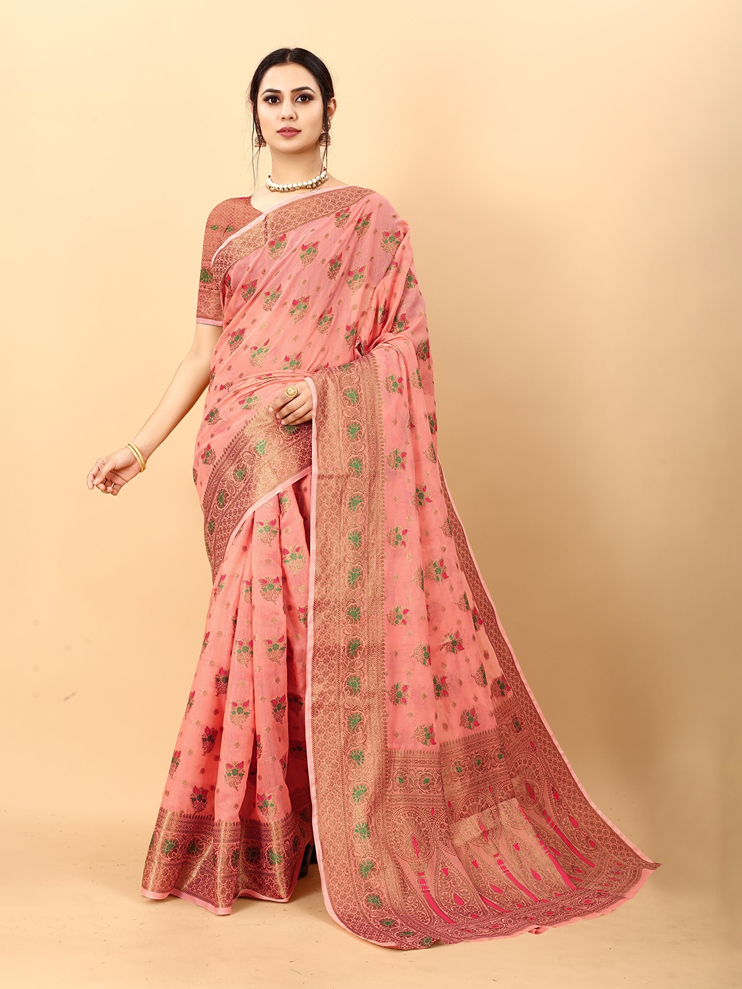

NIWAA Floral Woven Design Organza Silk Banarasi Saree, Peach