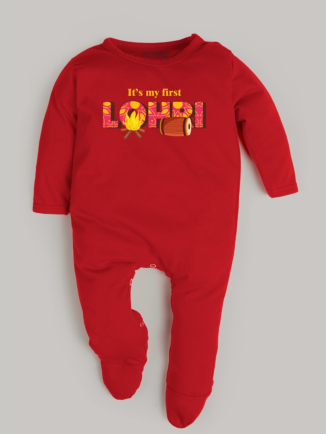 

FFLIRTYGO Infants It's My First Lohri Printed Pure Cotton Sleepsuit, Red