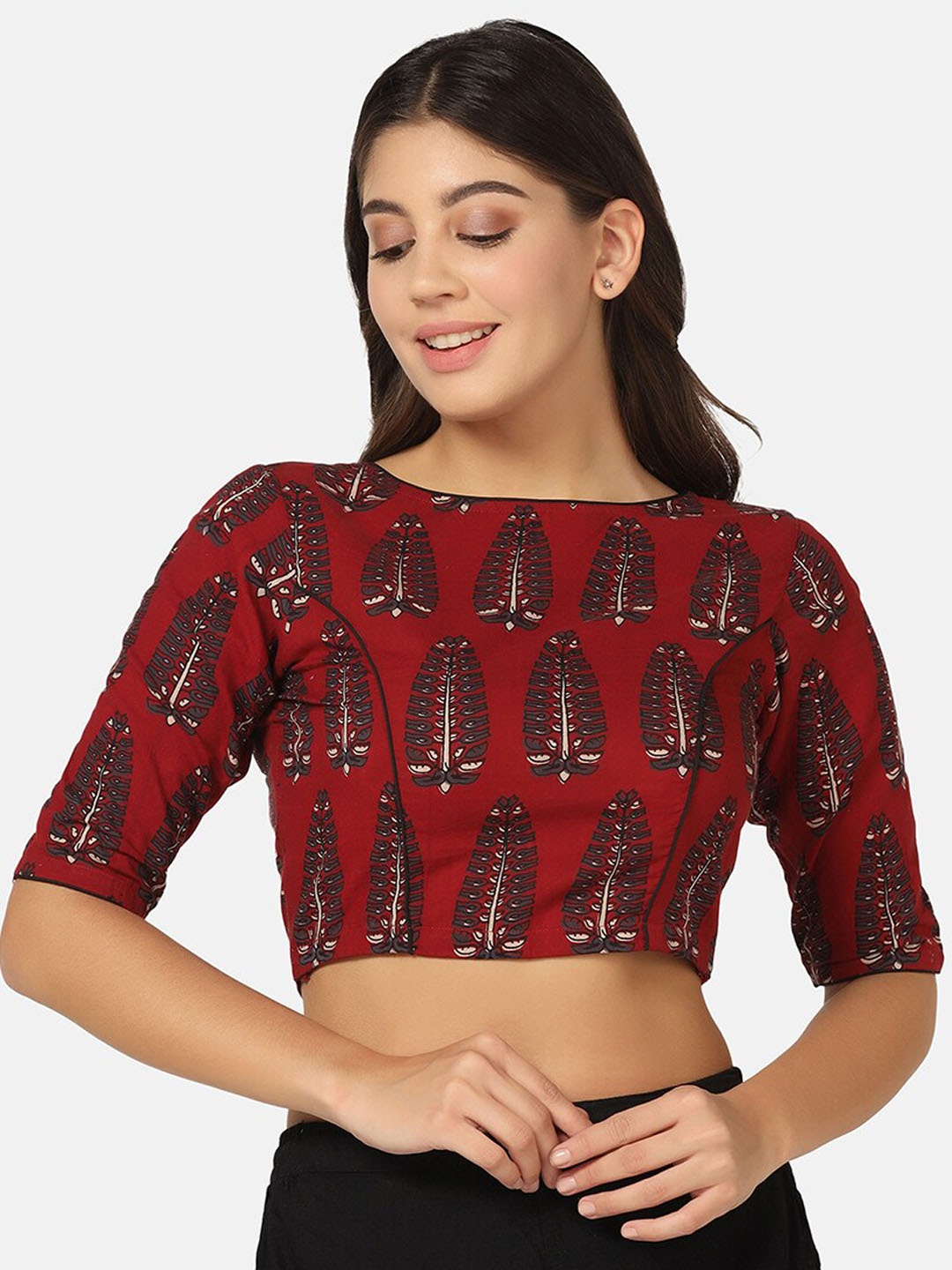 

THE WEAVE TRAVELLER Floral Handblocked Printed Cotton Saree Blouse, Maroon