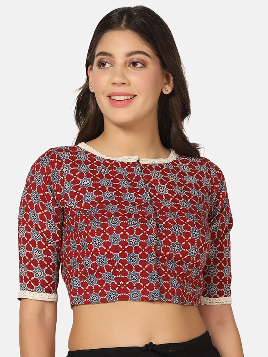 

THE WEAVE TRAVELLER Floral Handblock Printed Cotton Saree Blouse, Maroon