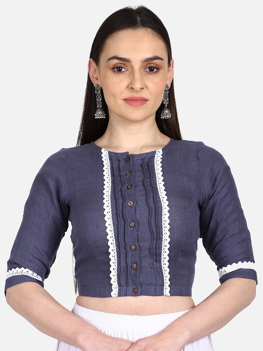 

THE WEAVE TRAVELLER Lace-Detail Pure Linen Saree Blouse, Navy blue