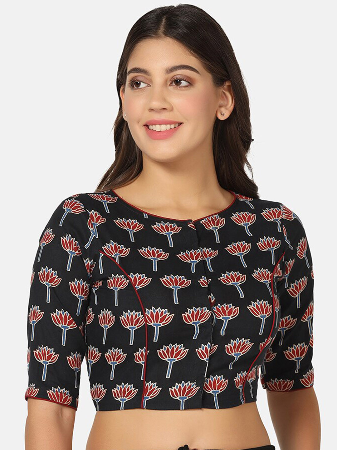 

THE WEAVE TRAVELLER Floral Handblock Printed Cotton Saree Blouse, Black