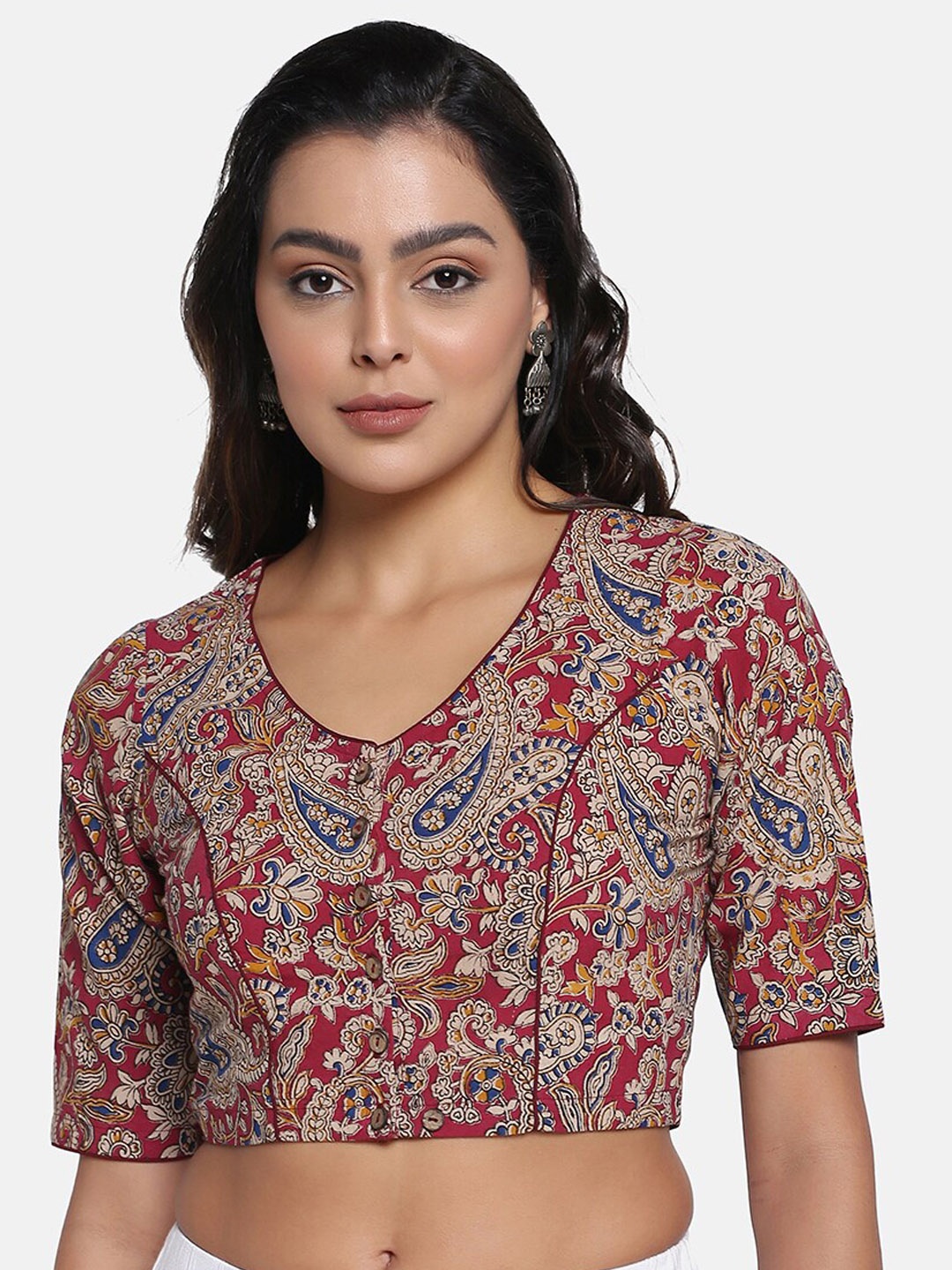 

THE WEAVE TRAVELLER Kalamkari Printed V-Neck Cotton Saree Blouse, Pink