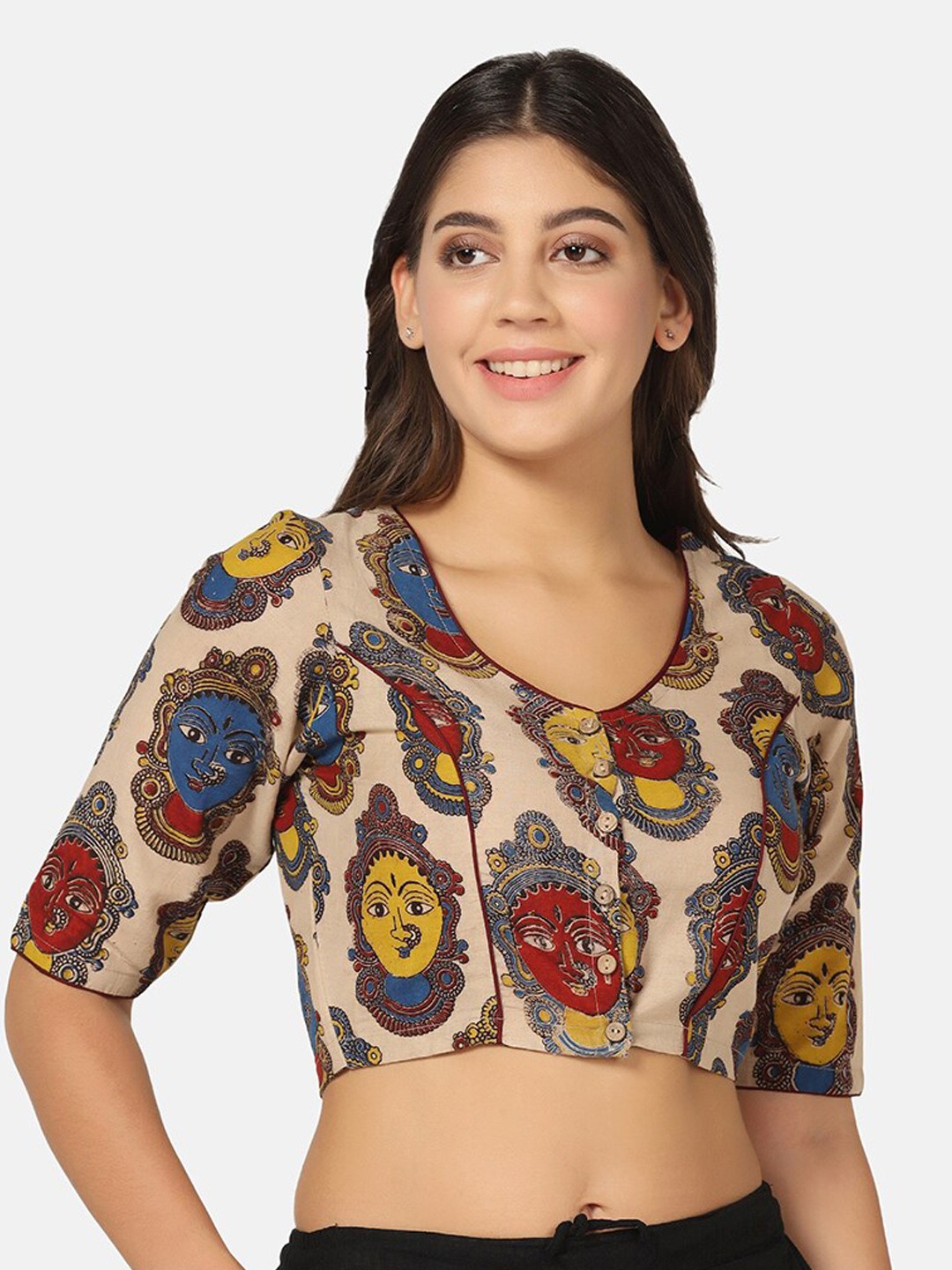 

THE WEAVE TRAVELLER Kalamkari Printed Cotton Saree Blouse, Beige