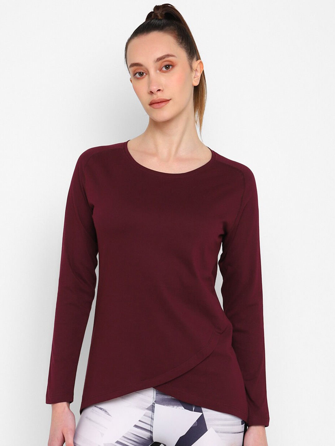 

appulse Raglan Sleeves Tulip Hemline Relaxed Fit Cotton Sports T-shirt, Maroon