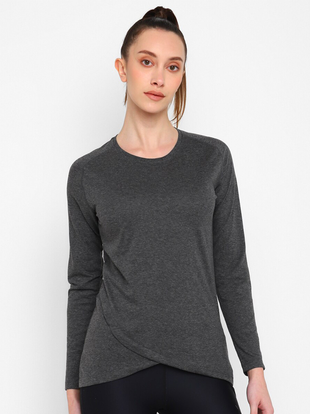 

appulse Raglan Sleeves Tulip Hemline Relaxed Fit Cotton Sports T-shirt, Charcoal