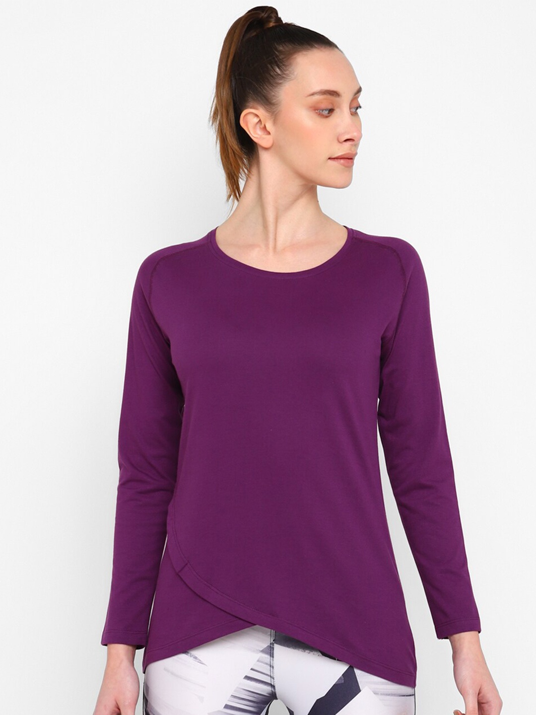 

appulse Raglan Sleeves Tulip Hemline Relaxed Fit Cotton Sports T-shirt, Purple
