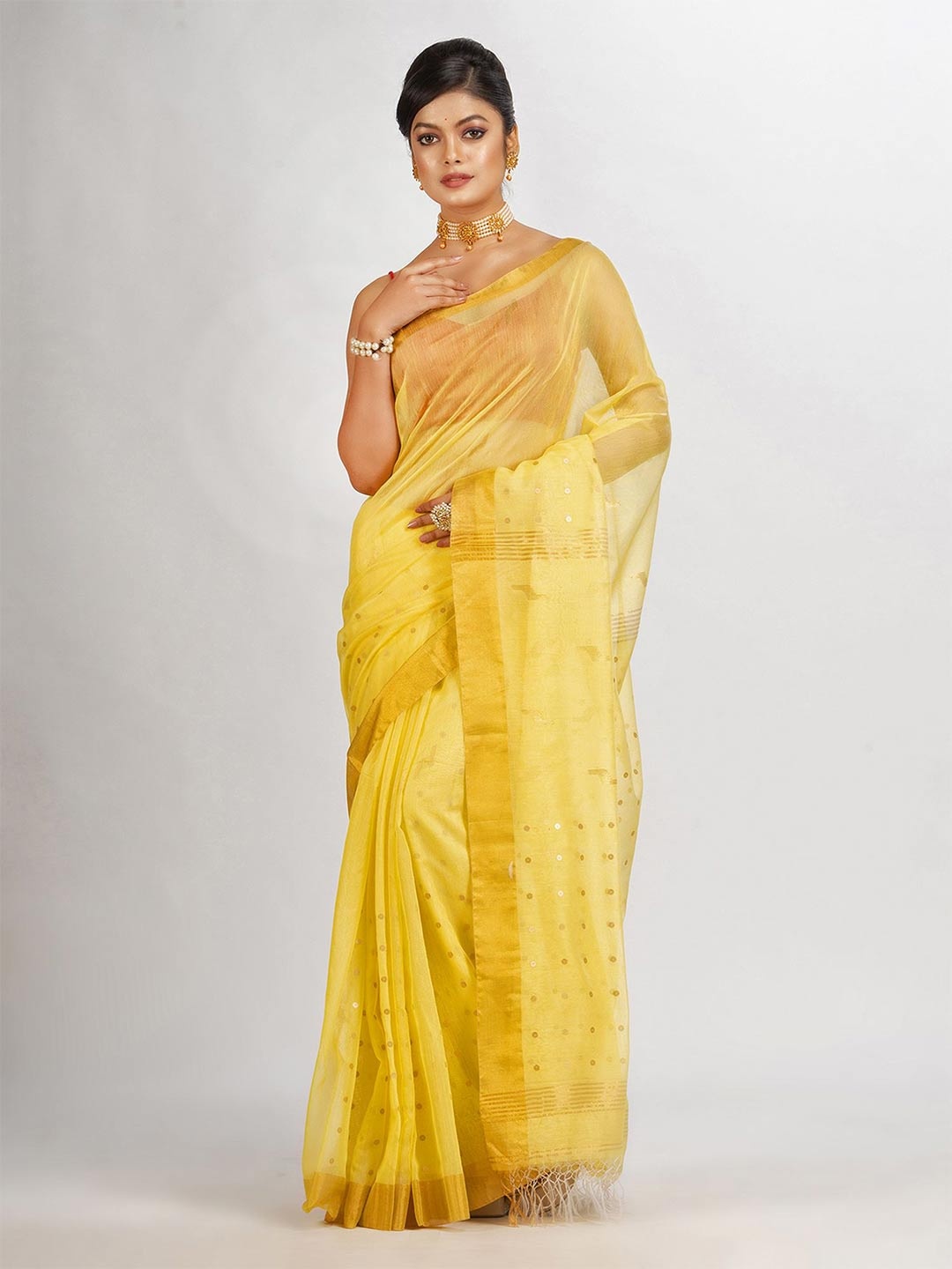 

Angoshobha Ethnic Motif Woven Design Zari Silk Cotton Jamdani Saree, Yellow