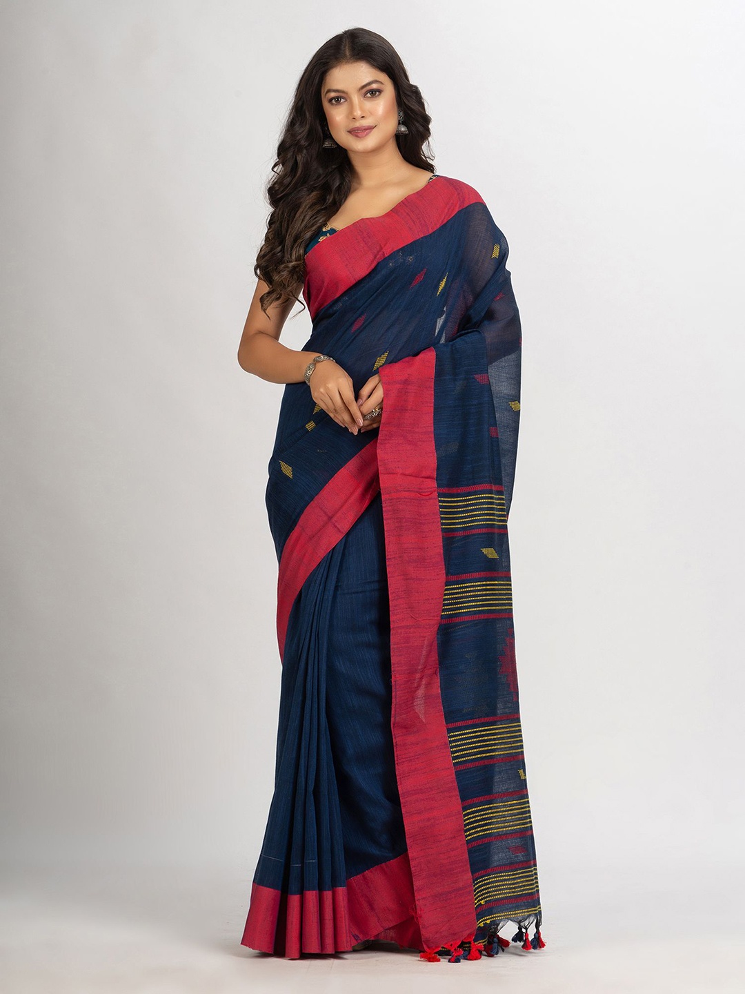 

Angoshobha Ethnic Motif Woven Design Pure Cotton Jamdani Saree, Navy blue