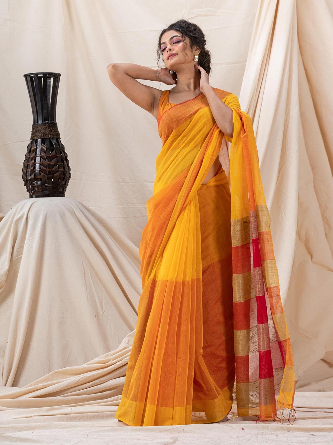 

Angoshobha Zari Detailed Saree, Yellow