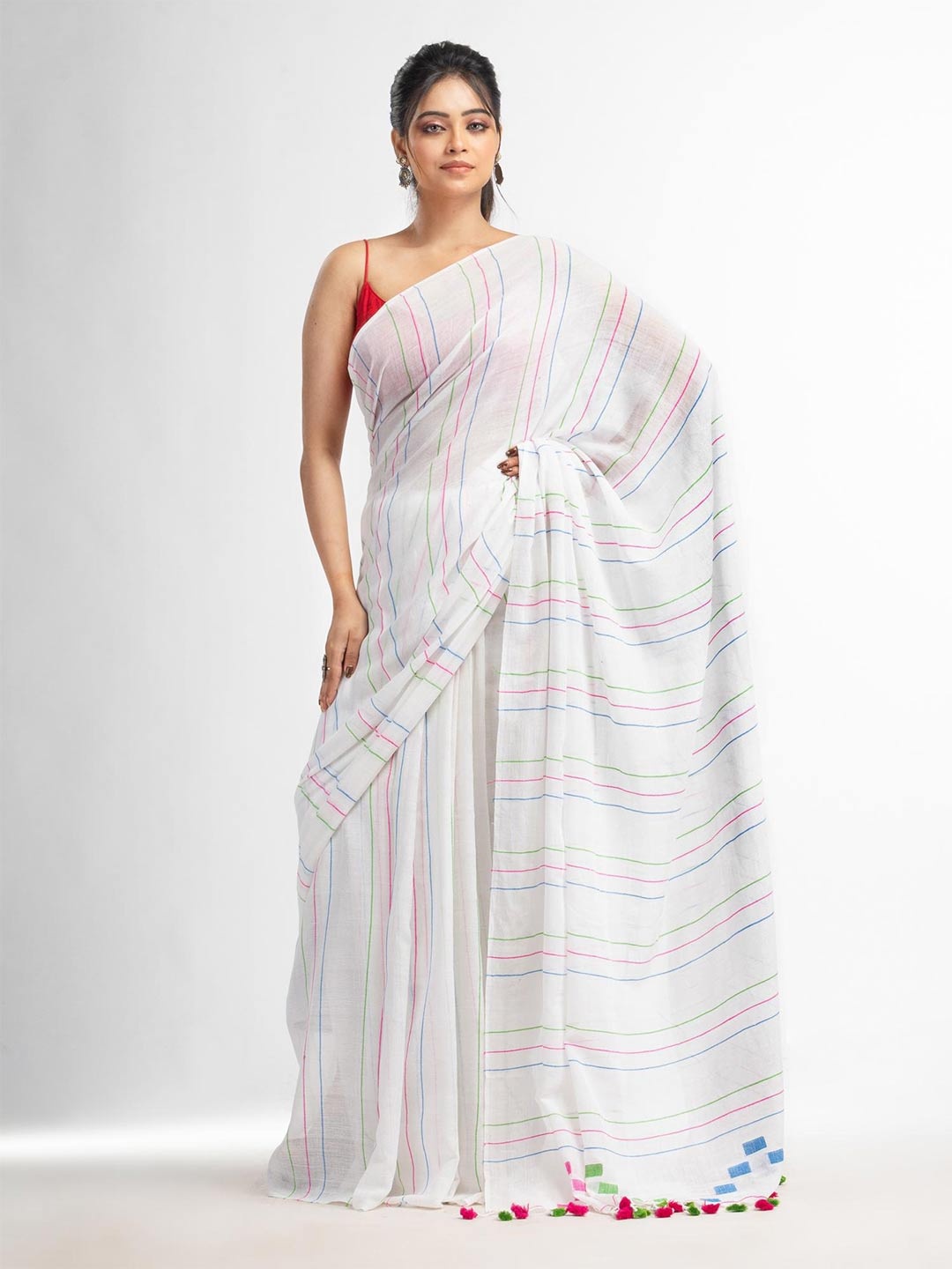 

Angoshobha Striped Pure Cotton Jamdani Saree, White