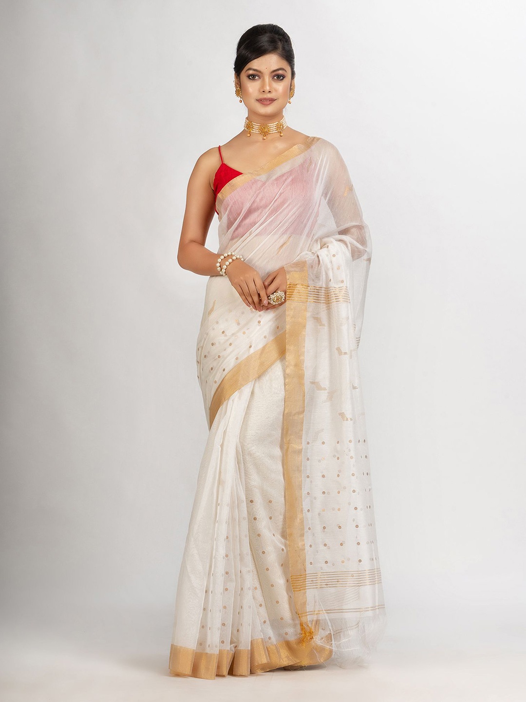 

Angoshobha Ethnic Motif Woven Design Silk Cotton Jamdani Saree, White