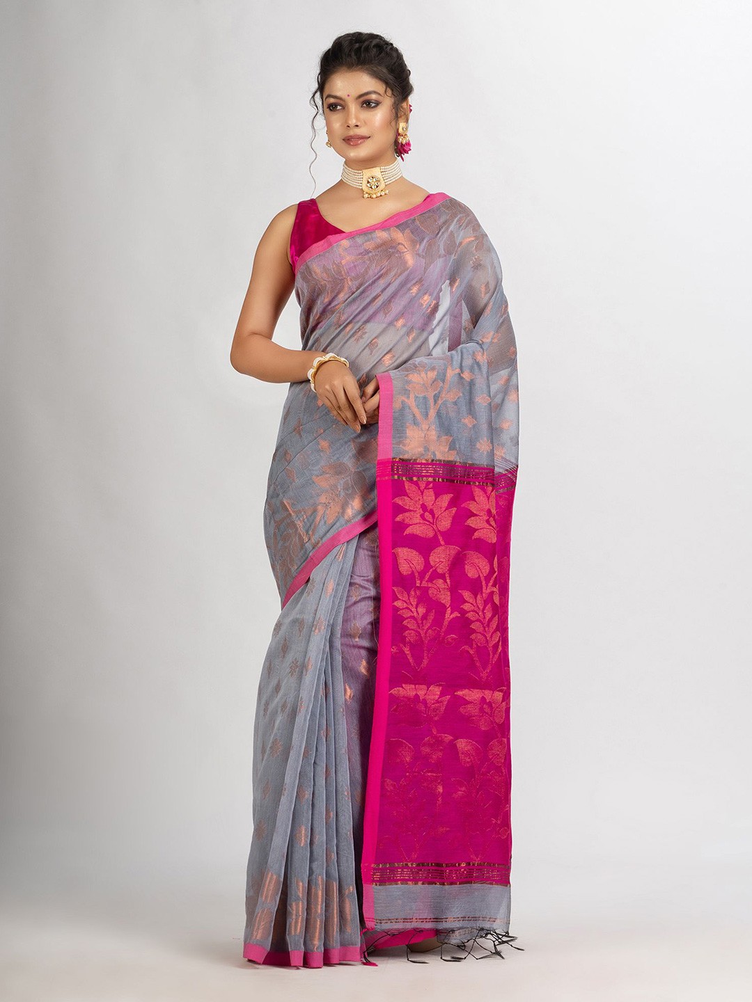 

Angoshobha Ethnic Motif Woven Design Zari Saree, Grey