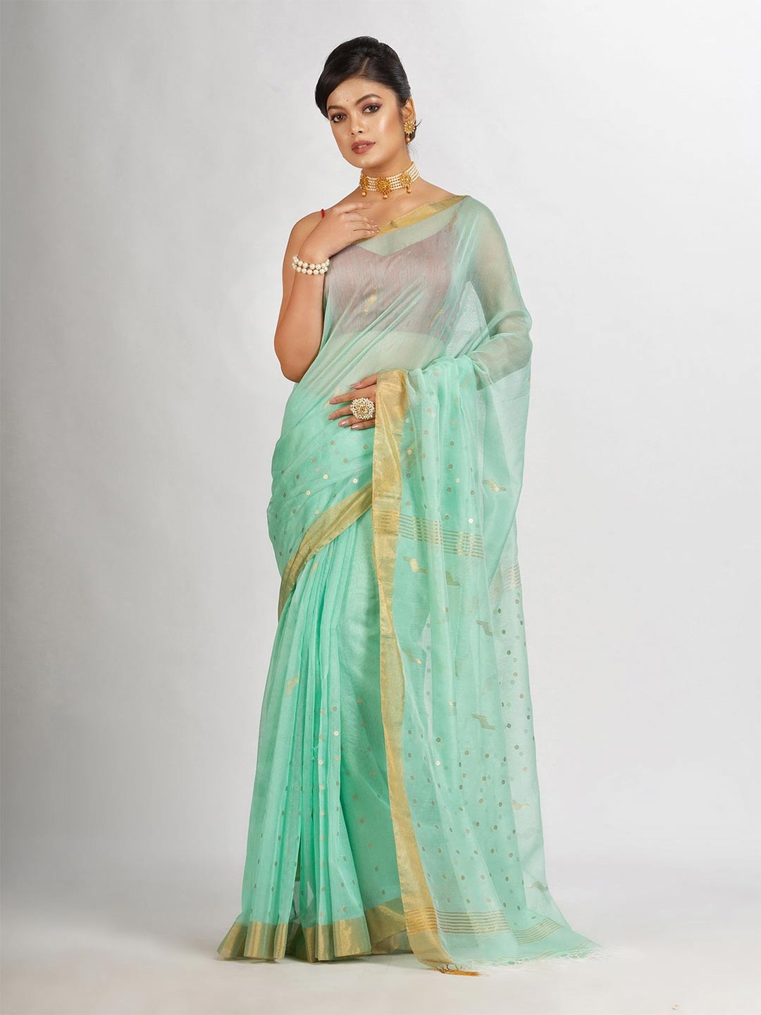 

Angoshobha Ethnic Motif Woven Design Silk Cotton Jamdani Saree, Green