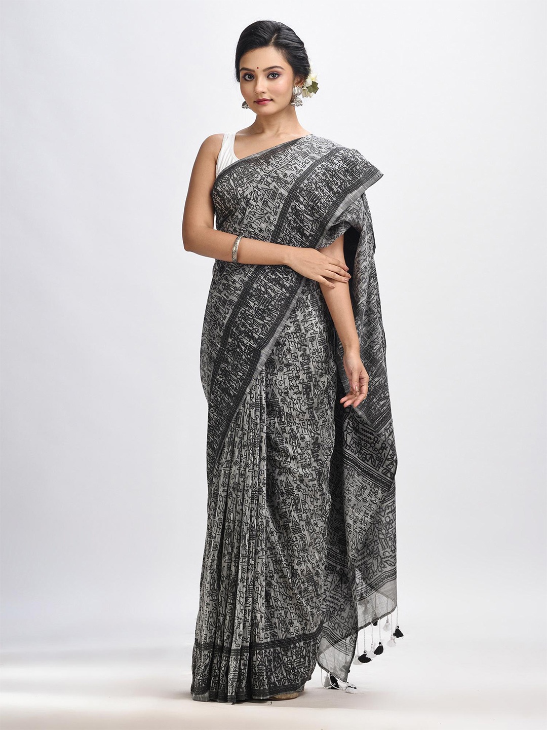 

Angoshobha Warli Printed Saree, Grey