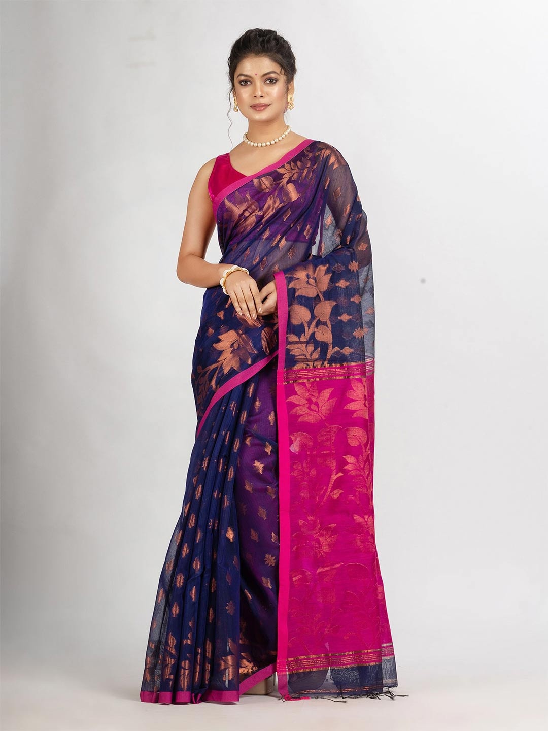 

Angoshobha Ethnic Motif Woven Design Zari Saree, Navy blue