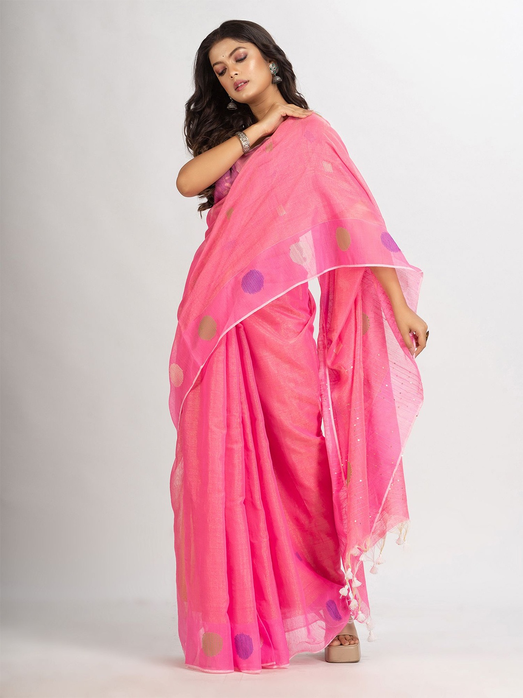 

Angoshobha Geometric Woven Design Jamdani Saree, Pink
