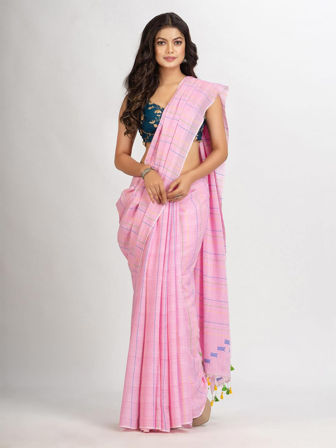 

Angoshobha Striped Pure Cotton Jamdani Saree, Pink